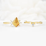 Vintage Floral Split Shank Kite Cut Citrine Bridal Ring Set - White-Gold