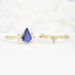 Vintage Floral Split Shank Kite Cut Tanzanite Bridal Ring Set - White-Gold