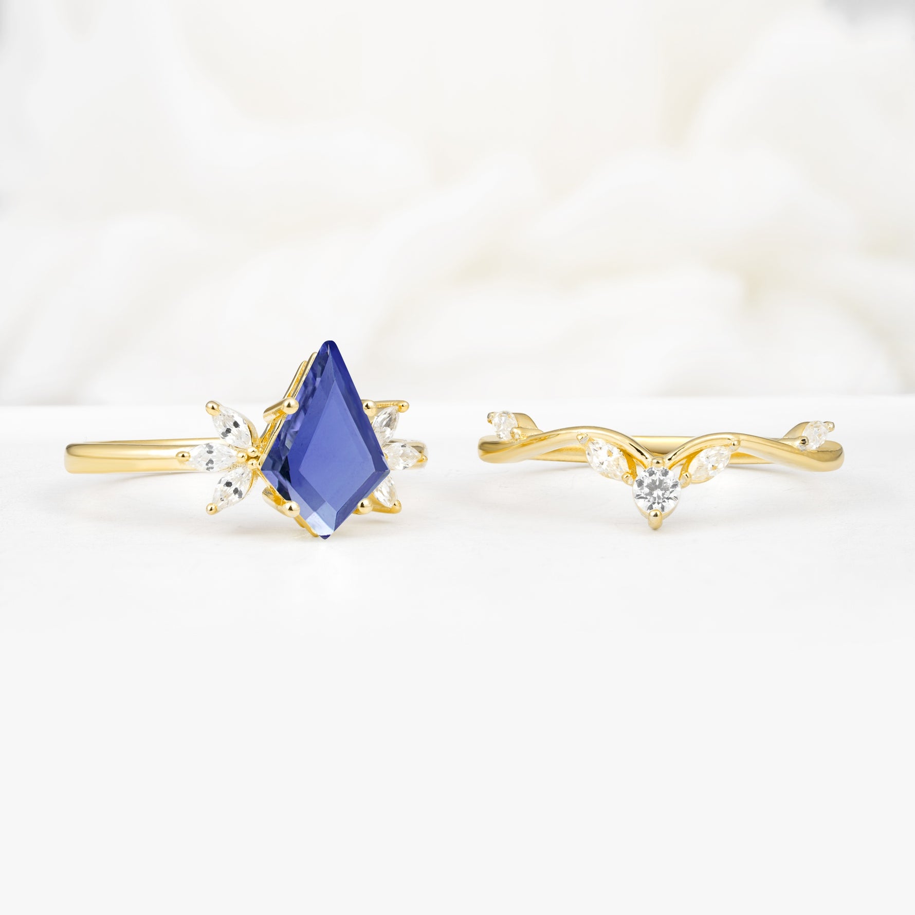 Vintage Floral Split Shank Kite Cut Tanzanite Bridal Ring Set - White-Gold