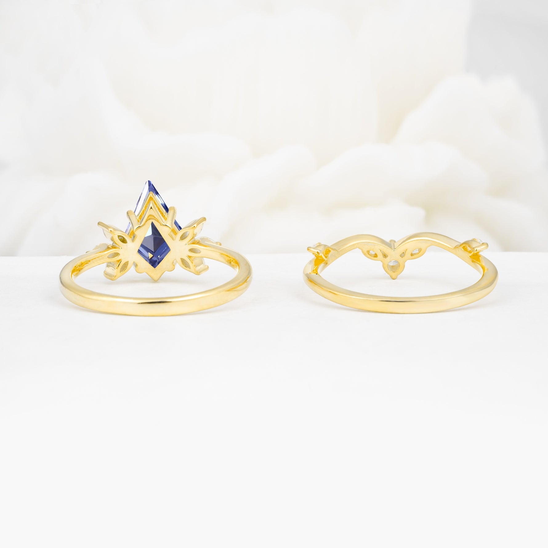Vintage Floral Split Shank Kite Cut Tanzanite Bridal Ring Set - Additional view