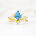 Vintage Floral Split Shank Kite Cut Turquoise Bridal Ring Set - Yellow-Gold