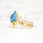 Vintage Floral Split Shank Kite Cut Turquoise Bridal Ring Set - Rose-Gold