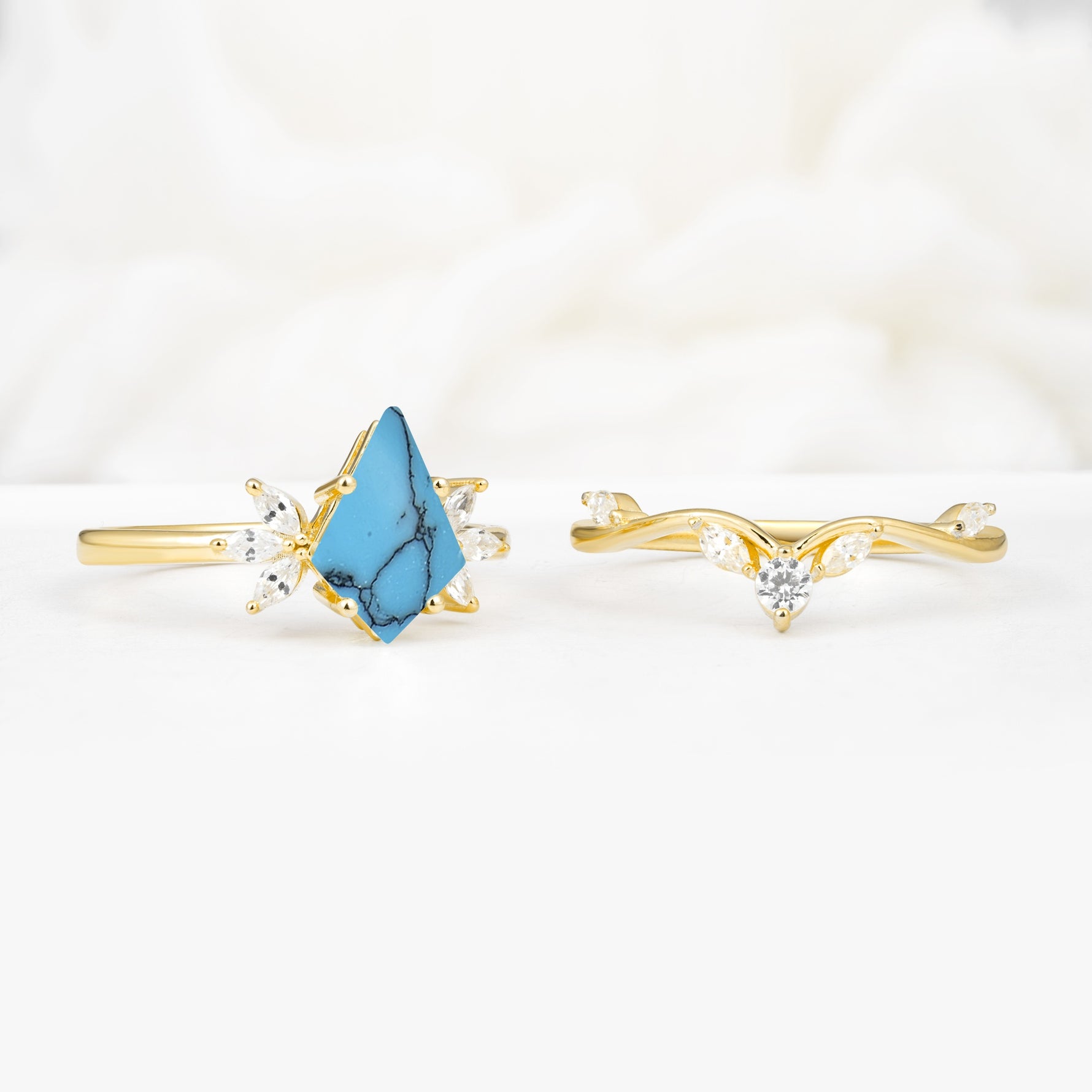 Vintage Floral Split Shank Kite Cut Turquoise Bridal Ring Set - White-Gold