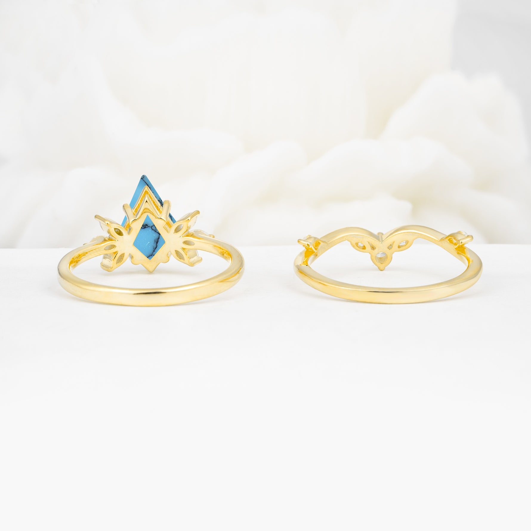 Vintage Floral Split Shank Kite Cut Turquoise Bridal Ring Set - Additional view