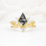 Vintage Floral Split Shank Kite Cut Black Rutilated Quartz Bridal Ring Set - Yellow-Gold