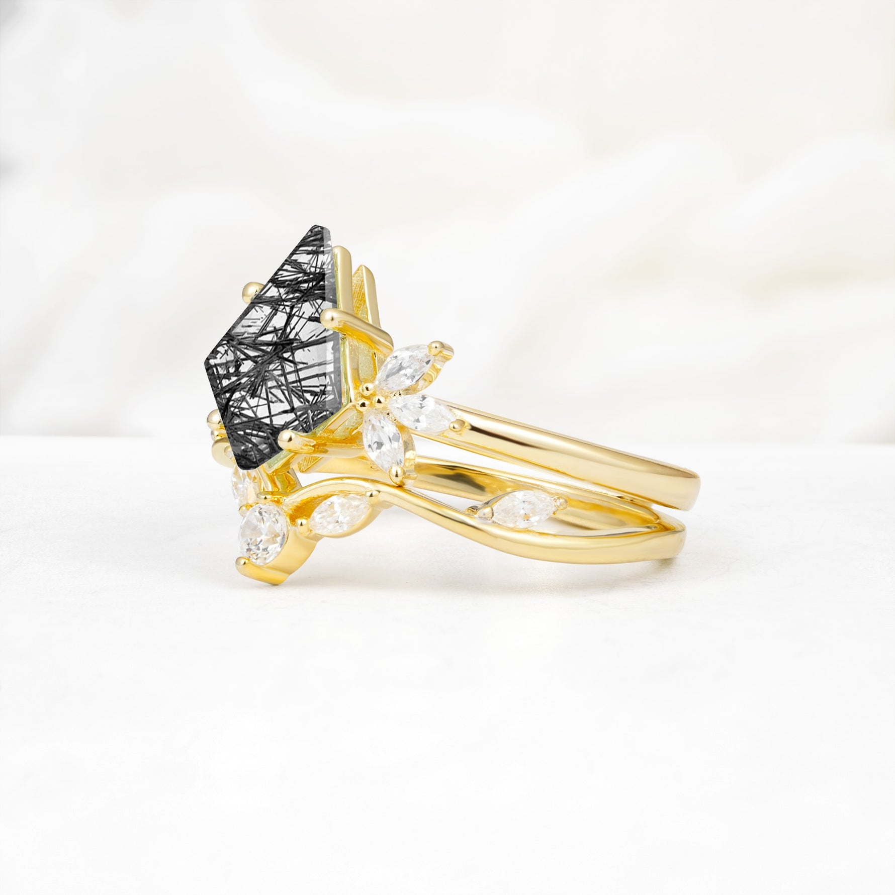 Vintage Floral Split Shank Kite Cut Black Rutilated Quartz Bridal Ring Set - Rose-Gold