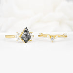 Vintage Floral Split Shank Kite Cut Black Rutilated Quartz Bridal Ring Set - White-Gold