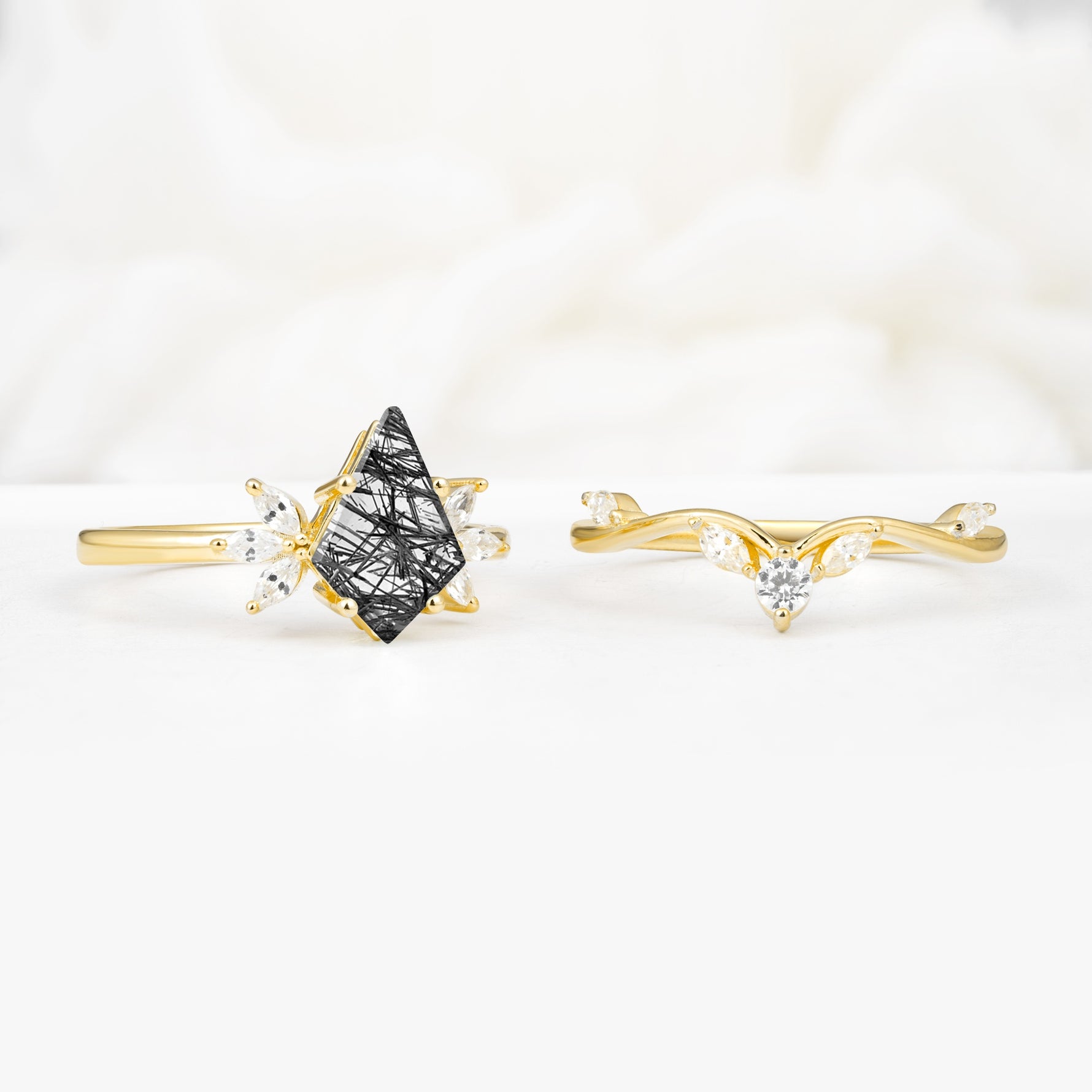 Vintage Floral Split Shank Kite Cut Black Rutilated Quartz Bridal Ring Set - White-Gold