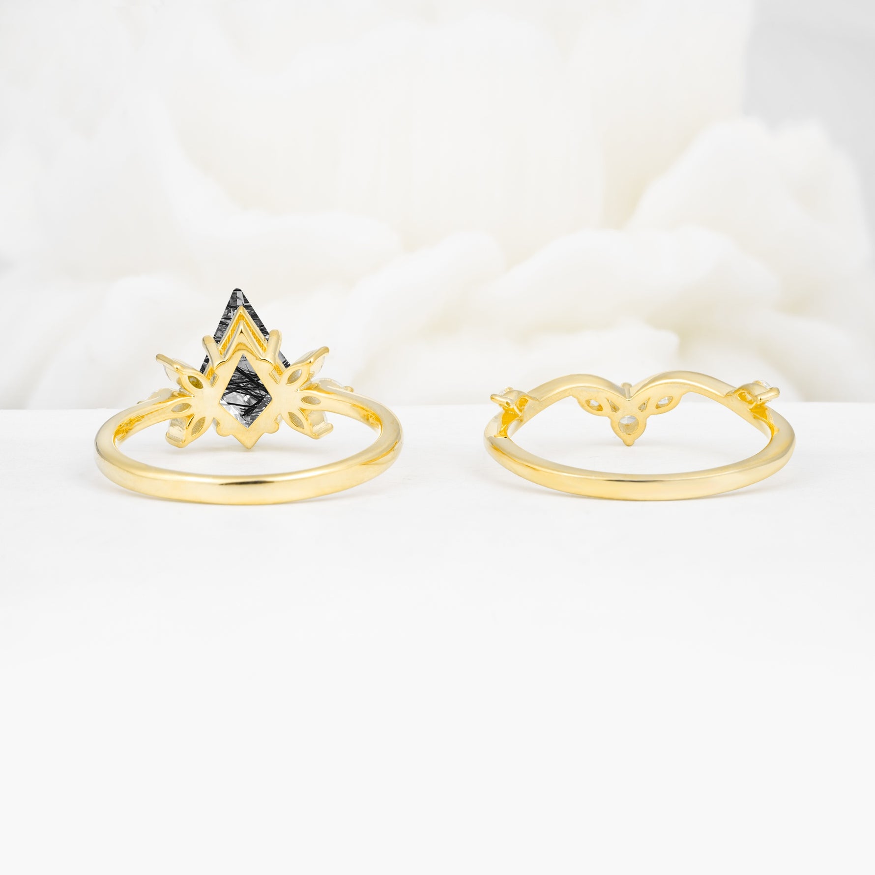 Vintage Floral Split Shank Kite Cut Black Rutilated Quartz Bridal Ring Set - Additional view