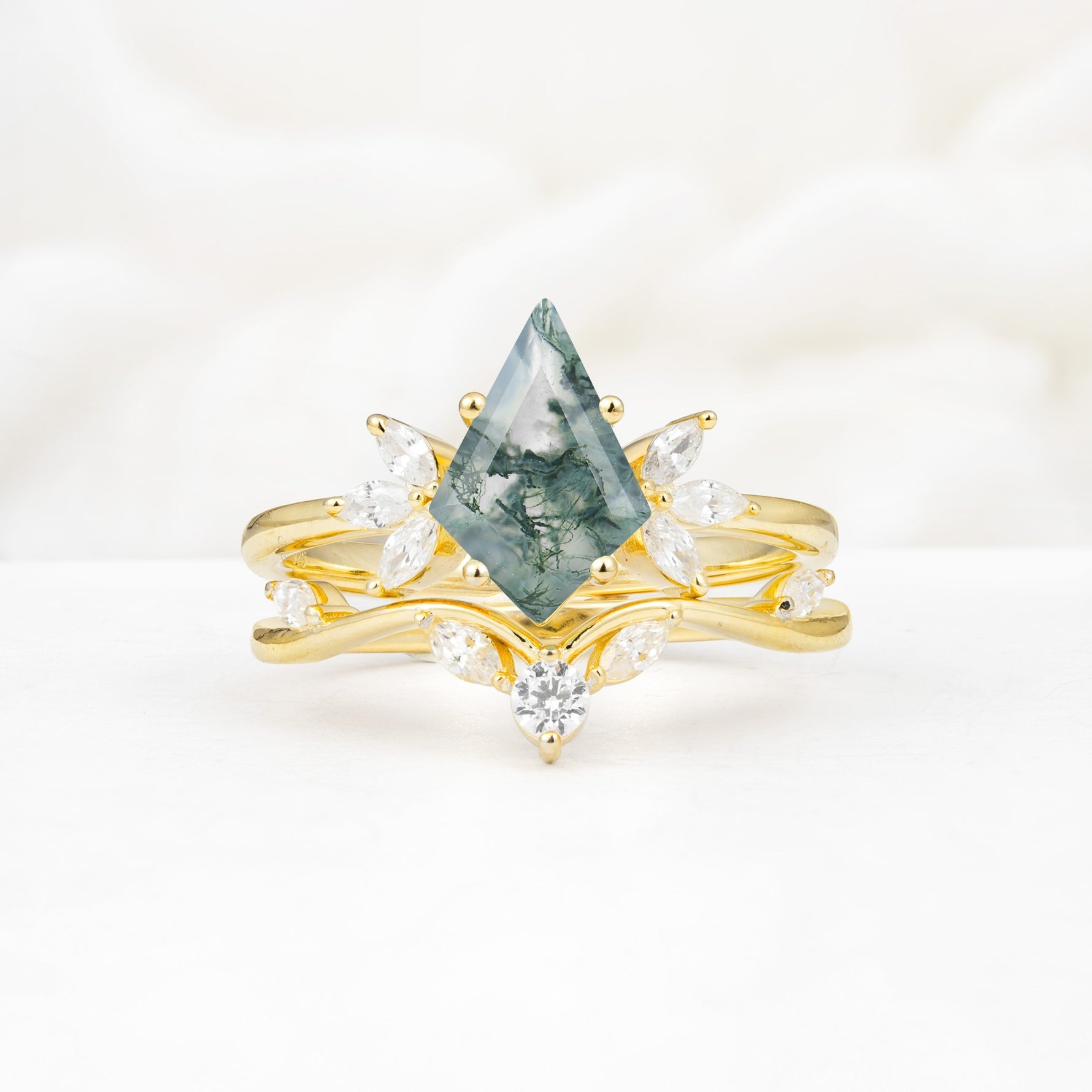 Vintage Floral Split Shank Kite Cut Moss Agate Bridal Ring Set - Yellow-Gold