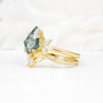 Vintage Floral Split Shank Kite Cut Moss Agate Bridal Ring Set - Rose-Gold