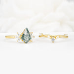 Vintage Floral Split Shank Kite Cut Moss Agate Bridal Ring Set - White-Gold