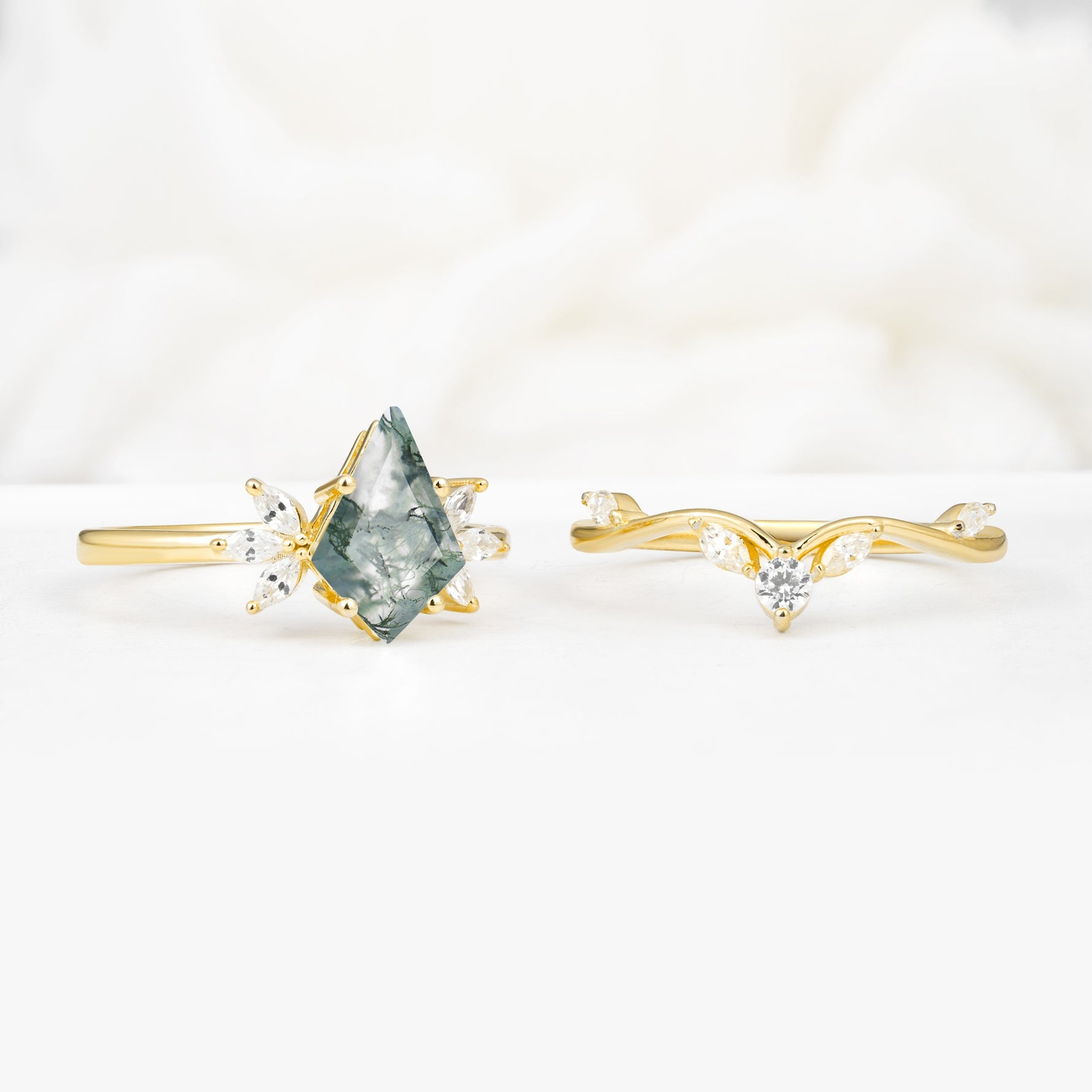 Vintage Floral Split Shank Kite Cut Moss Agate Bridal Ring Set - White-Gold