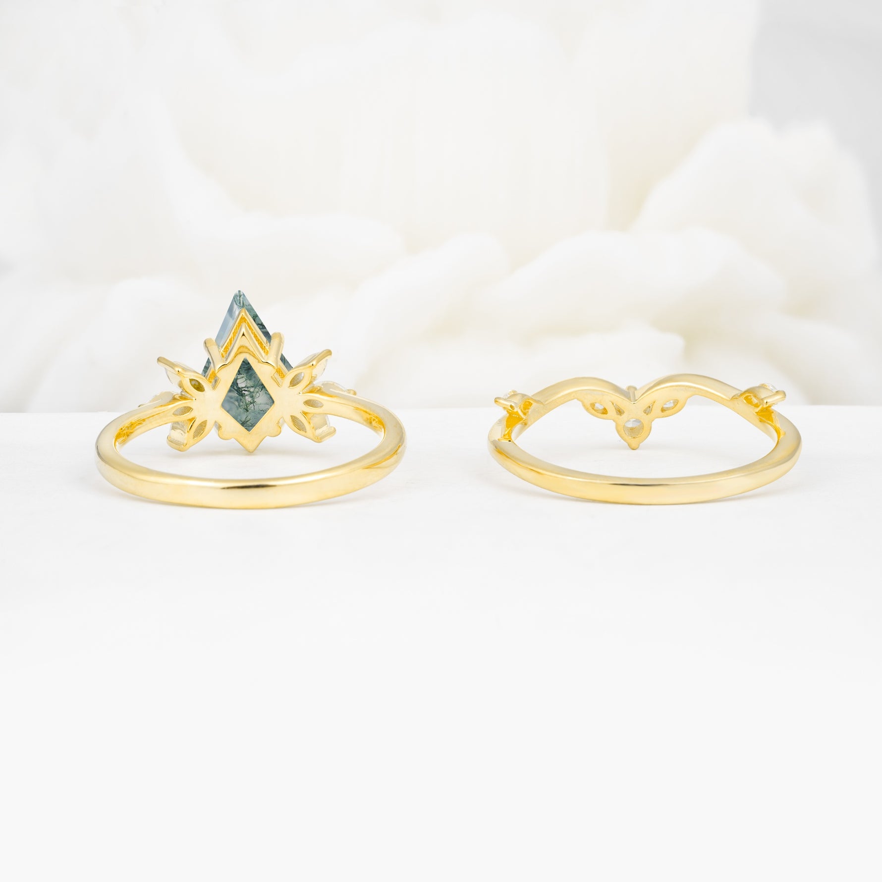Vintage Floral Split Shank Kite Cut Moss Agate Bridal Ring Set - Additional view