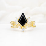 Vintage Floral Split Shank Kite Cut Black Onyx Bridal Ring Set - Yellow-Gold