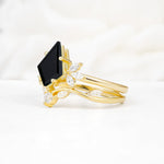 Vintage Floral Split Shank Kite Cut Black Onyx Bridal Ring Set - Rose-Gold