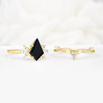 Vintage Floral Split Shank Kite Cut Black Onyx Bridal Ring Set - White-Gold