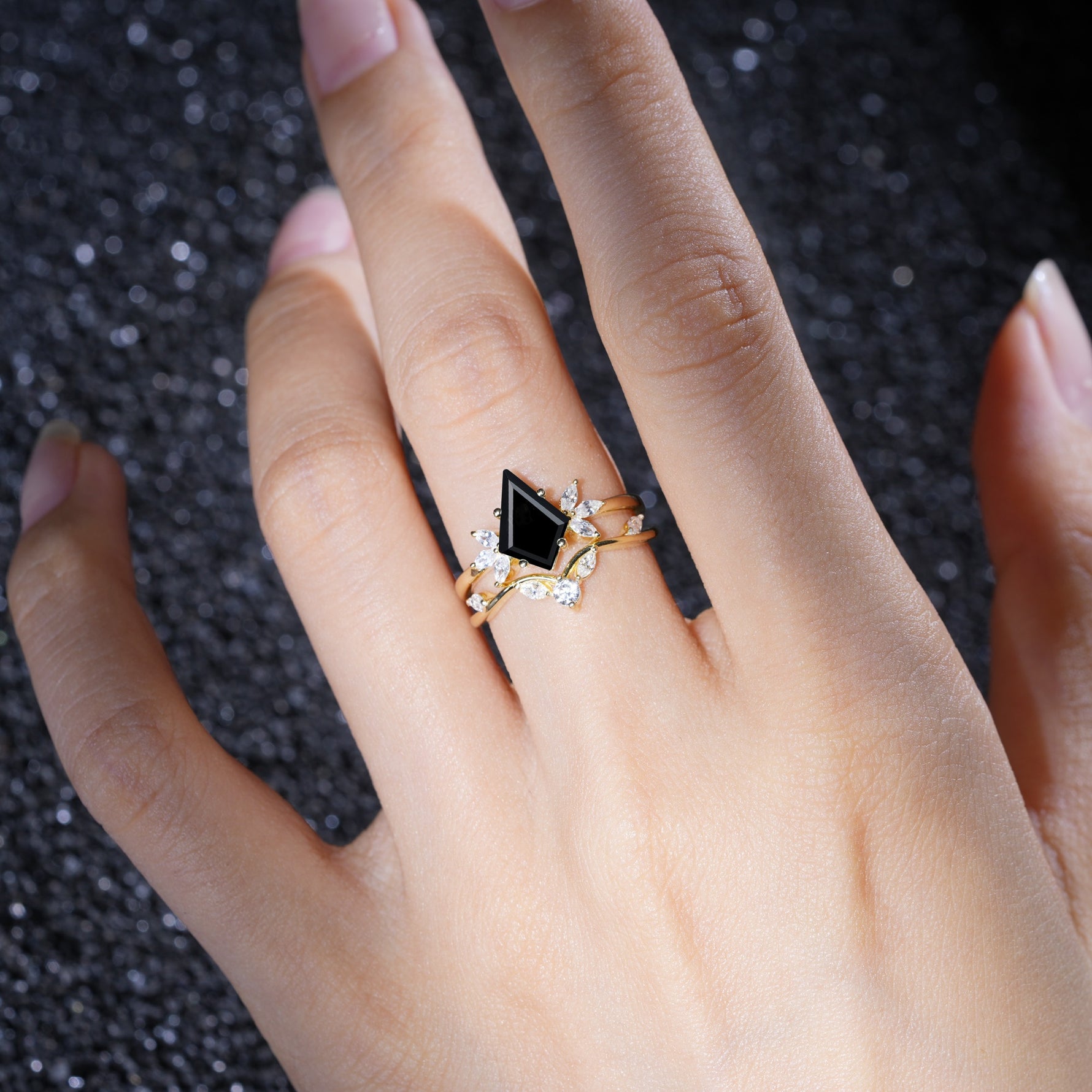 Vintage Floral Split Shank Kite Cut Black Onyx Bridal Ring Set - Additional view