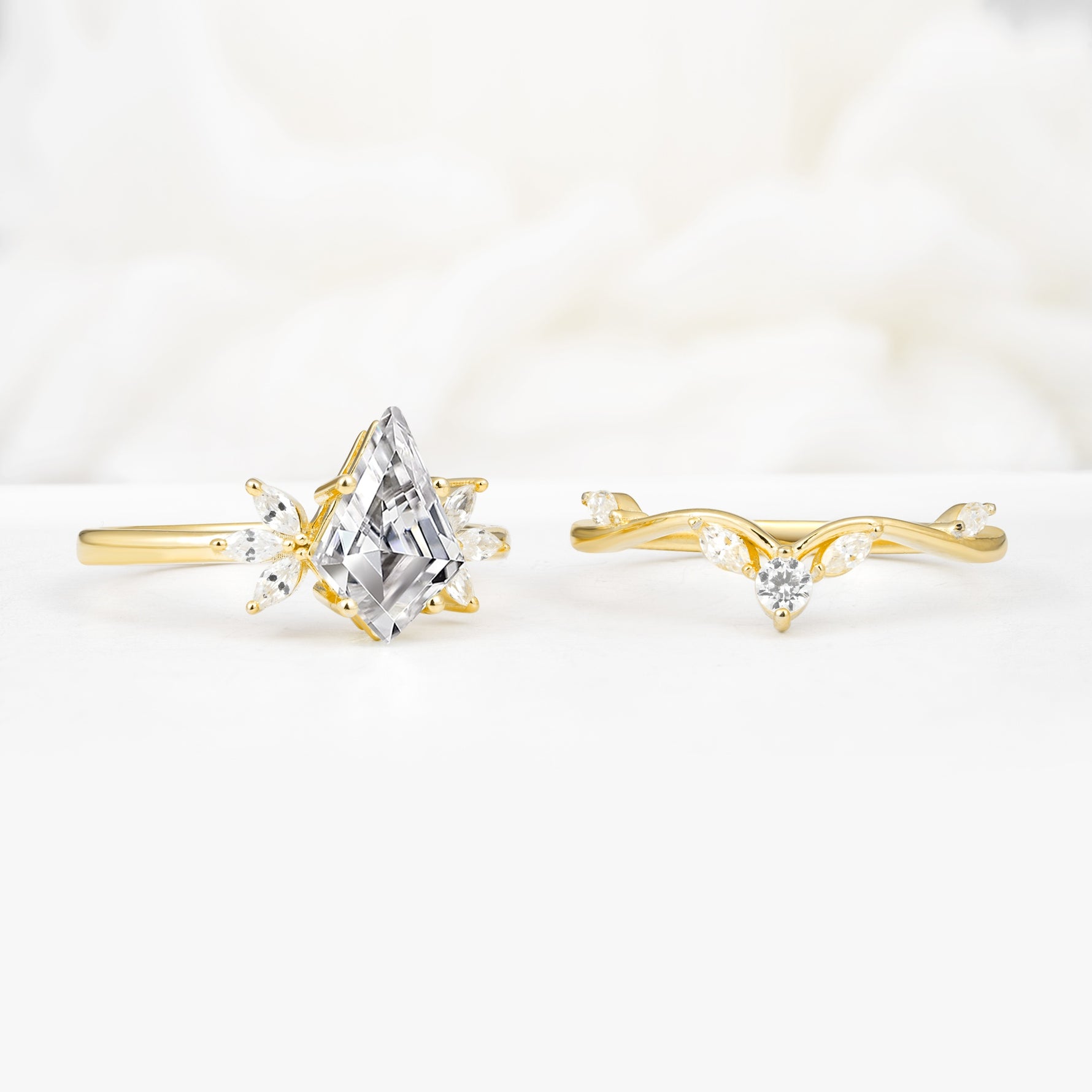 Vintage Floral Split Shank Kite Cut Lab Diamond Bridal Ring Set - White-Gold