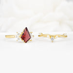 Vintage Floral Split Shank Kite Cut Garnet Bridal Ring Set - White-Gold