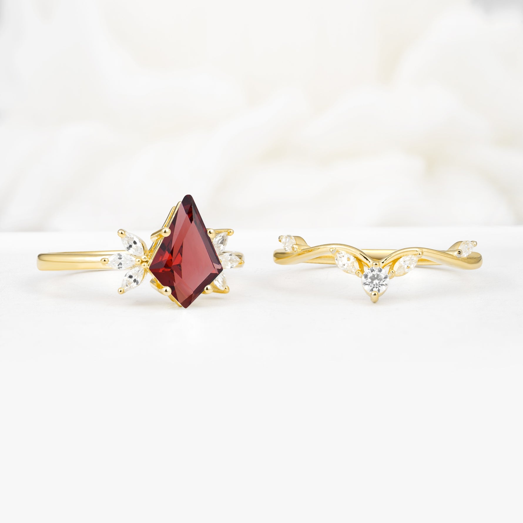 Vintage Floral Split Shank Kite Cut Garnet Bridal Ring Set - White-Gold