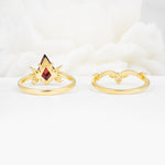 Vintage Floral Split Shank Kite Cut Garnet Bridal Ring Set - Additional view