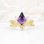 Vintage Floral Split Shank Kite Cut Amethyst Bridal Ring Set - Yellow-Gold
