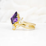 Vintage Floral Split Shank Kite Cut Amethyst Bridal Ring Set - Rose-Gold