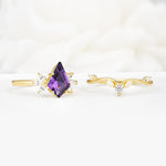 Vintage Floral Split Shank Kite Cut Amethyst Bridal Ring Set - White-Gold