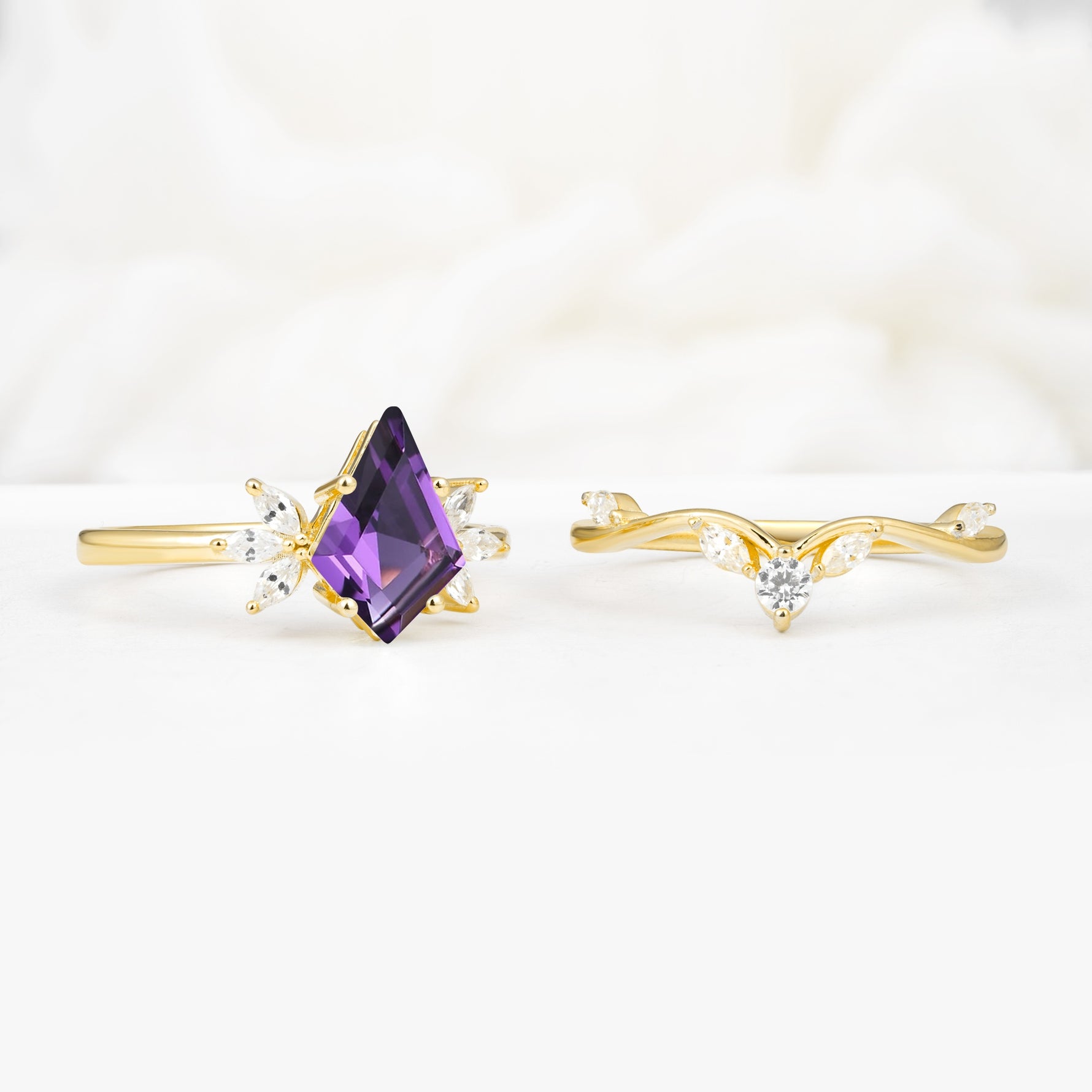 Vintage Floral Split Shank Kite Cut Amethyst Bridal Ring Set - White-Gold
