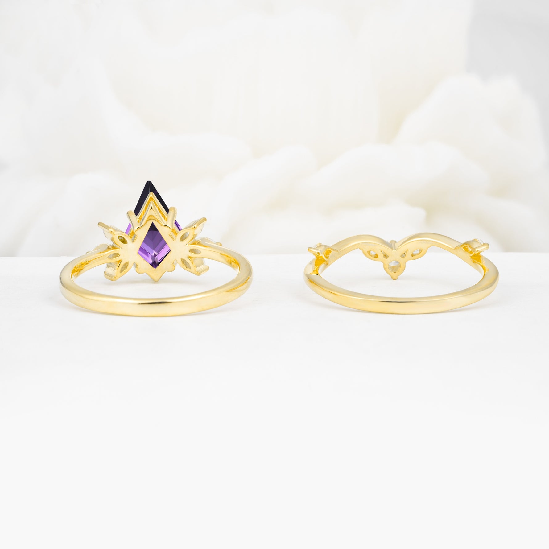 Vintage Floral Split Shank Kite Cut Amethyst Bridal Ring Set - Additional view