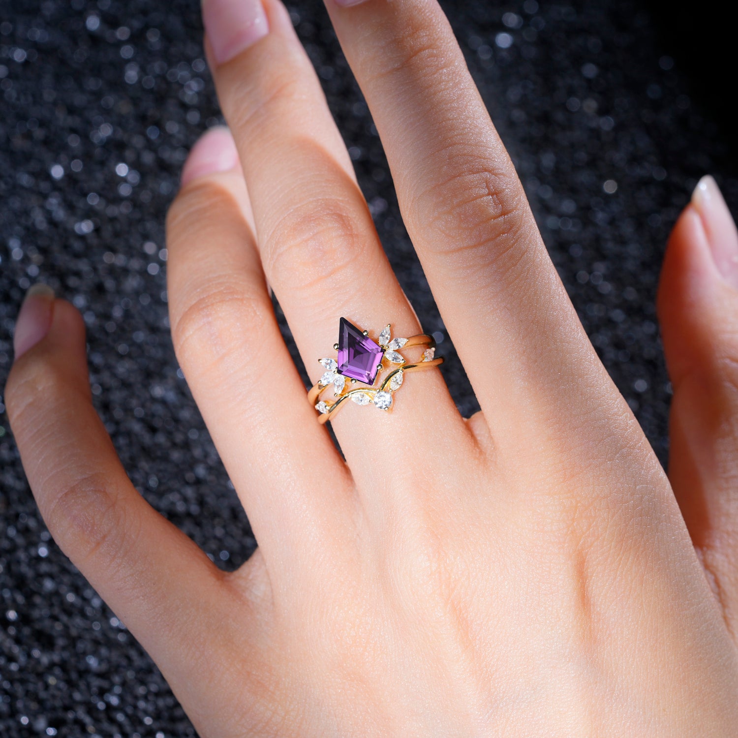 Vintage Floral Split Shank Kite Cut Amethyst Bridal Ring Set