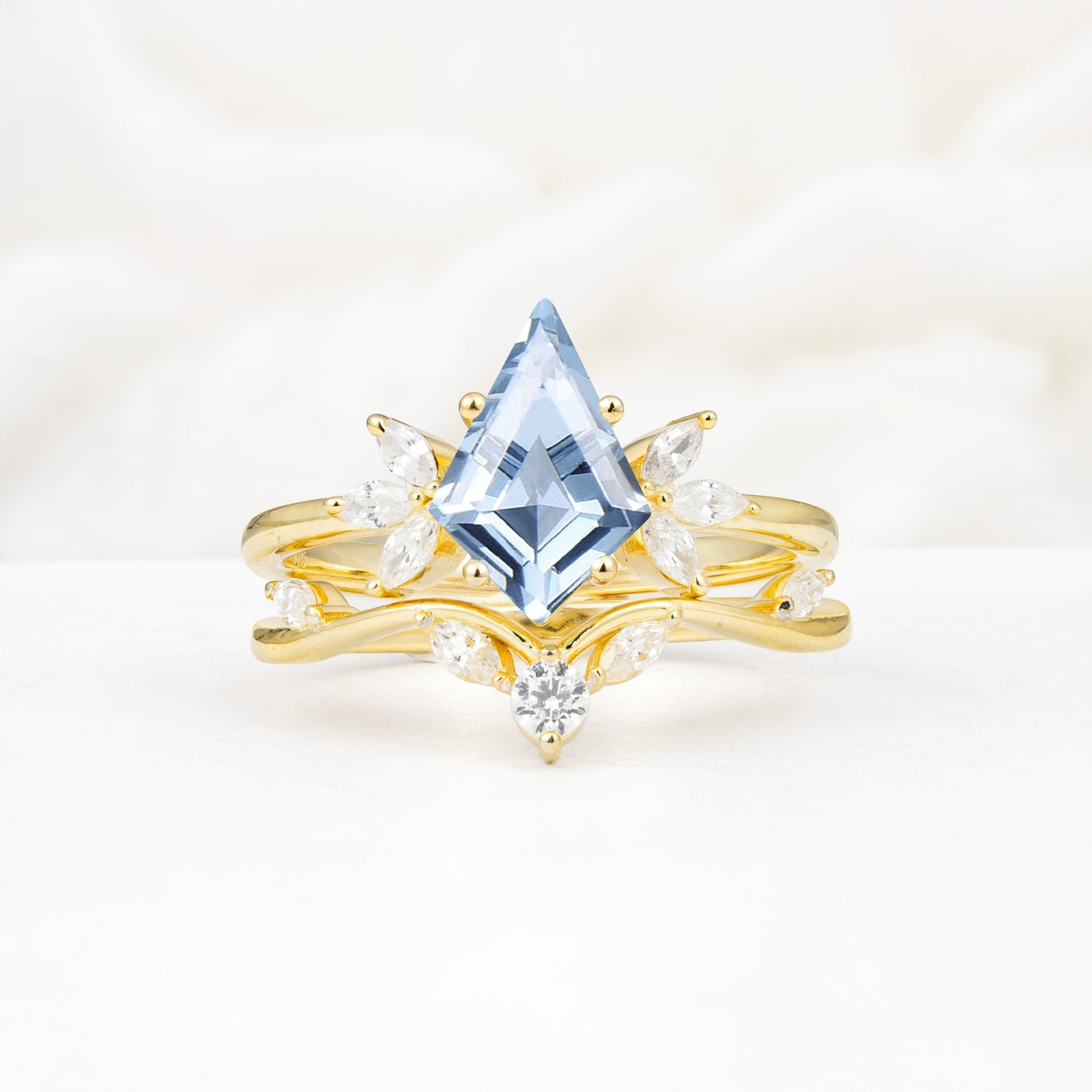 Vintage Floral Split Shank Kite Cut Aquamarine Bridal Ring Set - Yellow-Gold