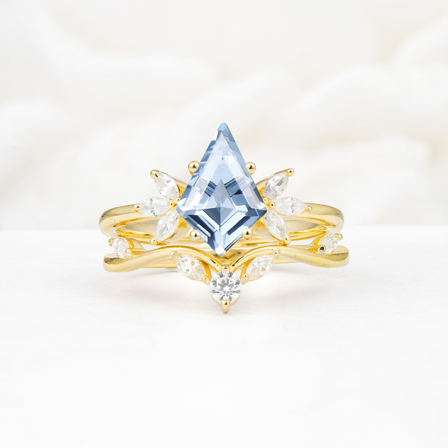 Vintage Floral Split Shank Kite Cut Aquamarine Bridal Ring Set - Yellow-Gold