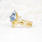 Vintage Floral Split Shank Kite Cut Aquamarine Bridal Ring Set - Rose-Gold