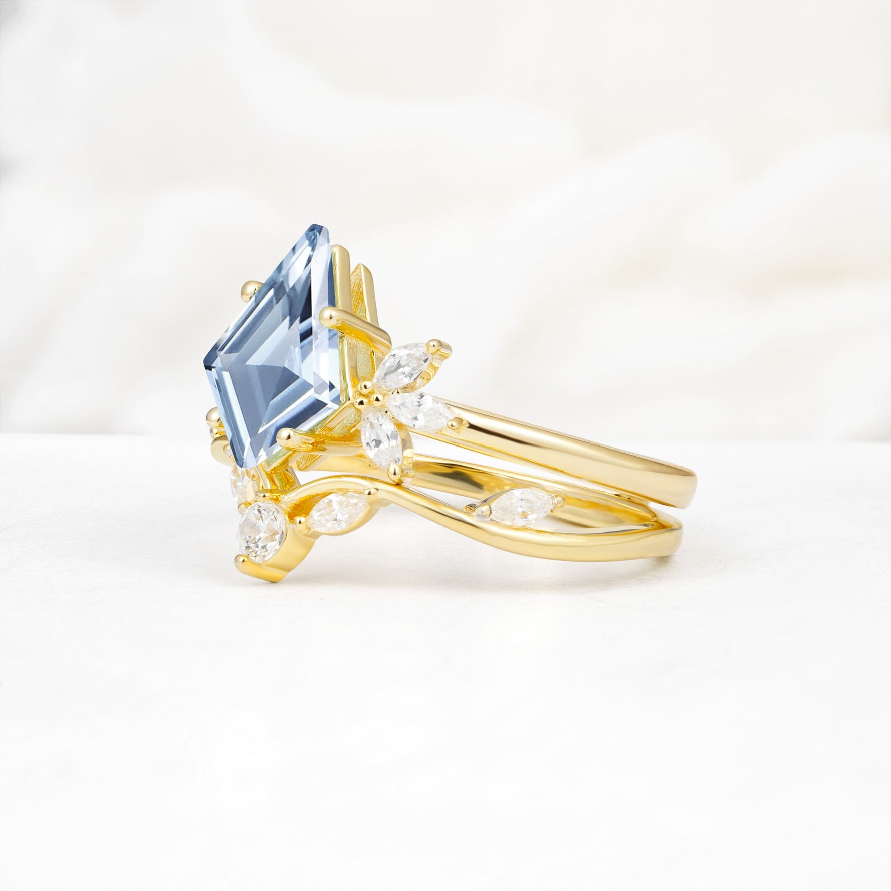Vintage Floral Split Shank Kite Cut Aquamarine Bridal Ring Set - Rose-Gold