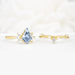 Vintage Floral Split Shank Kite Cut Aquamarine Bridal Ring Set - White-Gold