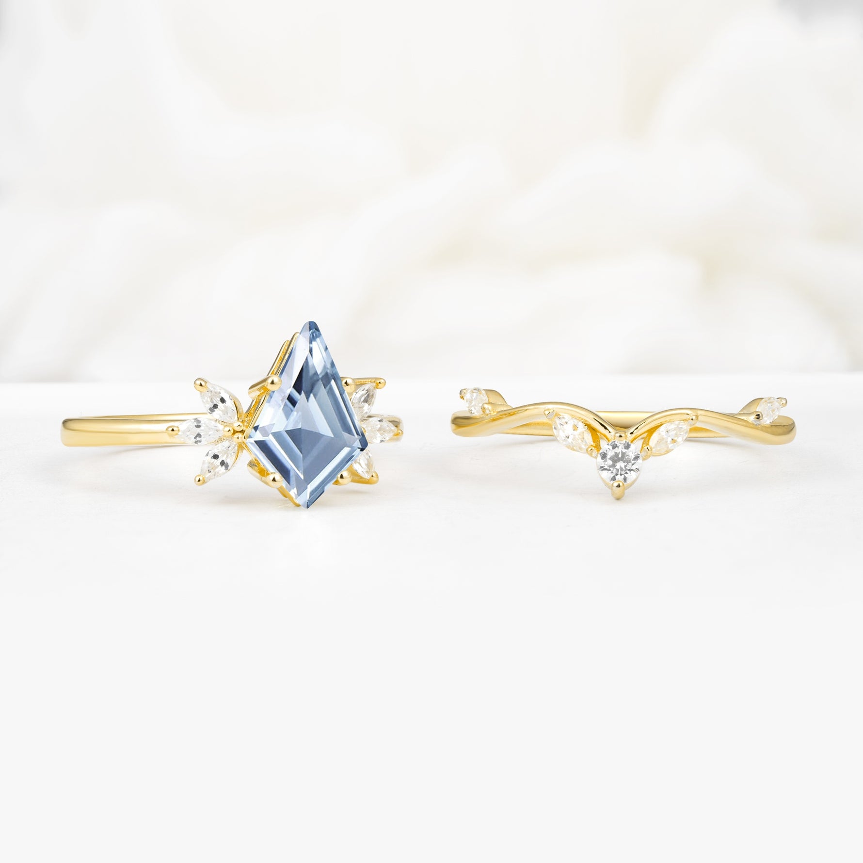 Vintage Floral Split Shank Kite Cut Aquamarine Bridal Ring Set - White-Gold