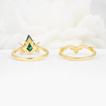 Vintage Floral Split Shank Kite Cut Emerald Bridal Ring Set - Additional view