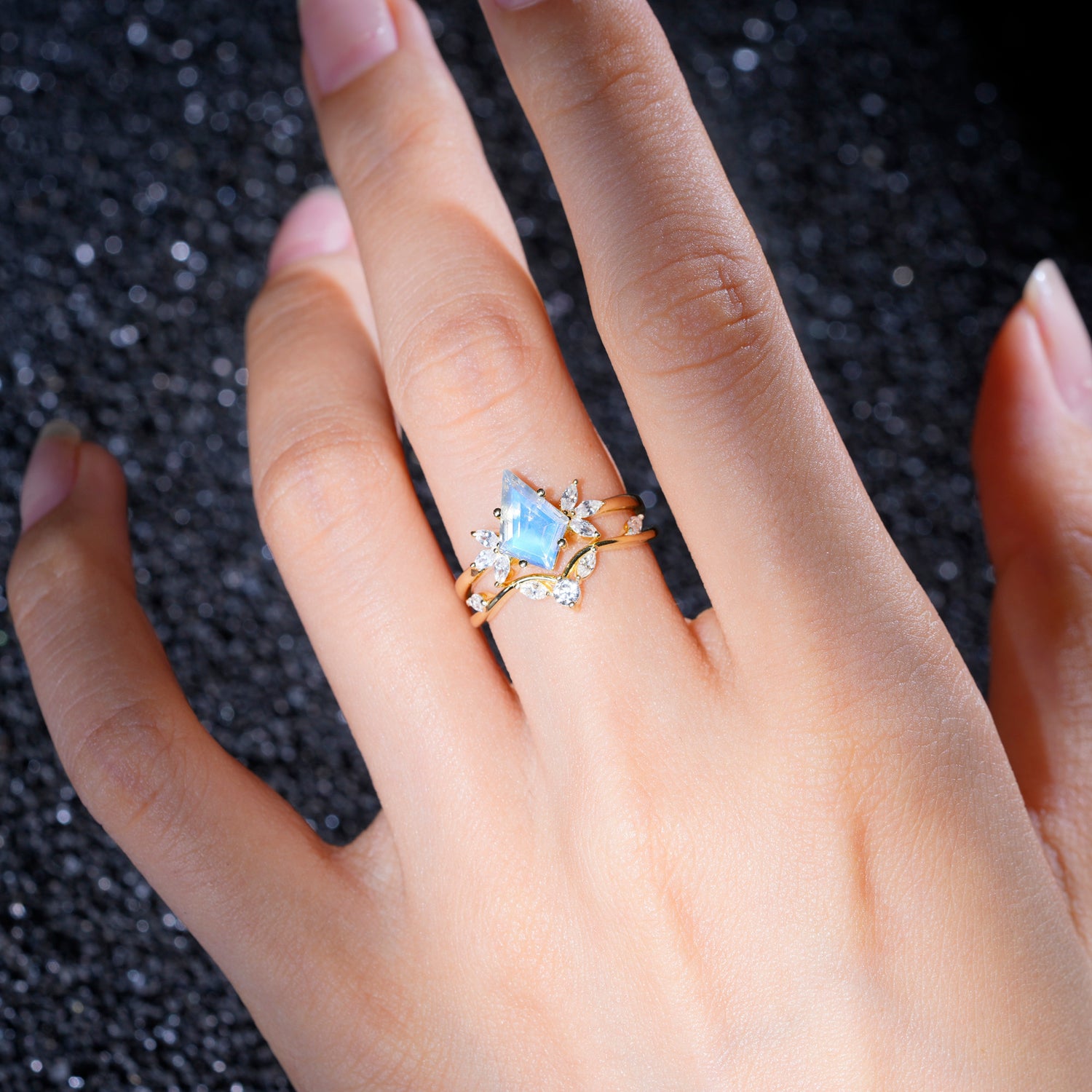 Vintage Floral Split Shank Kite Cut Moonstone Bridal Ring Set