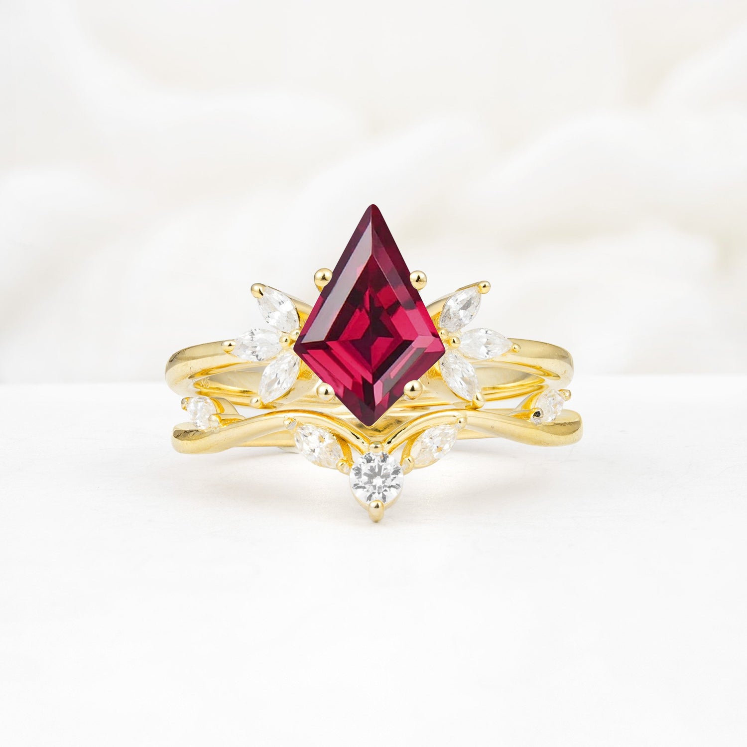 Vintage Floral Split Shank Kite Cut Ruby Bridal Ring Set