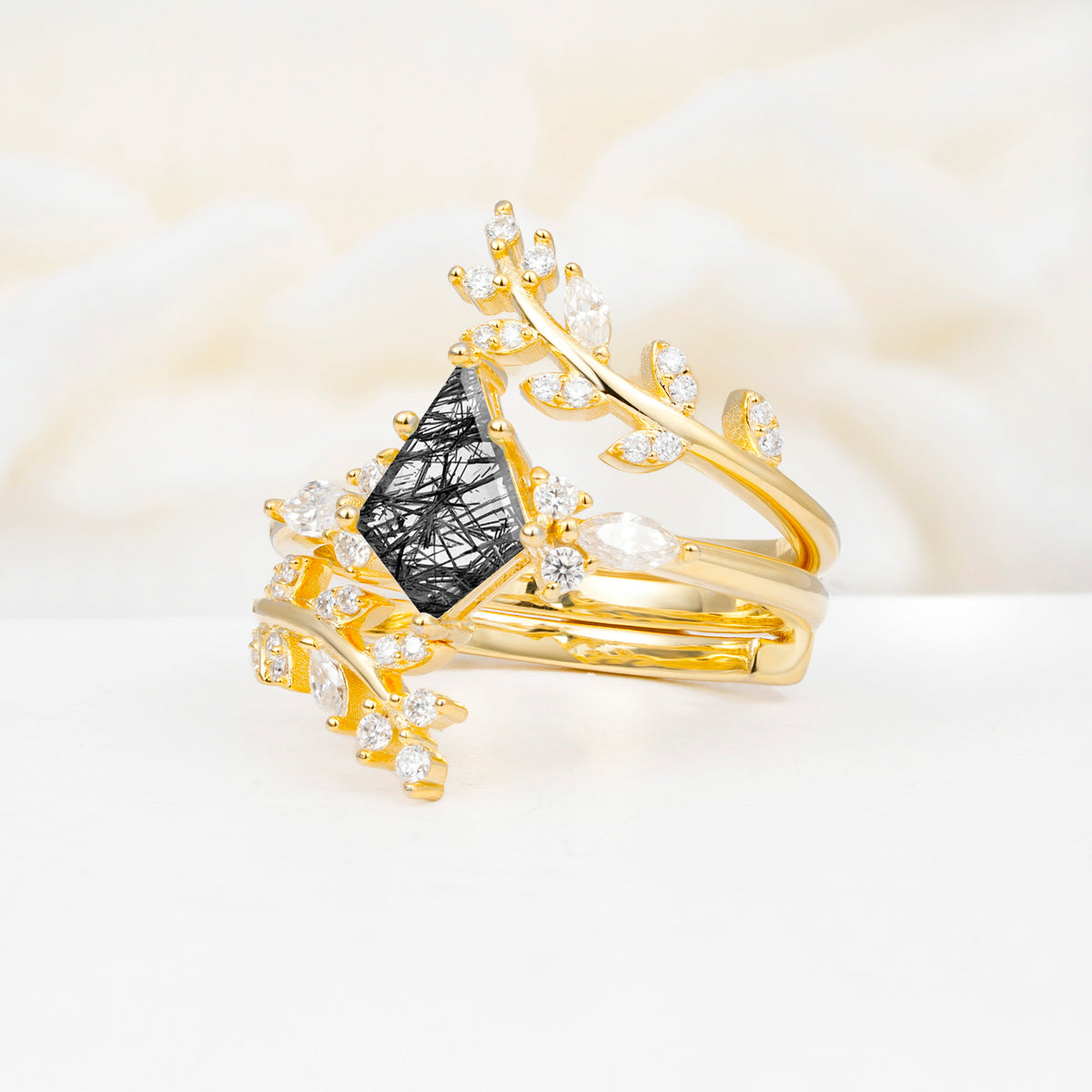 SR17091 Black Rutilated Quartz Ring - White-Gold