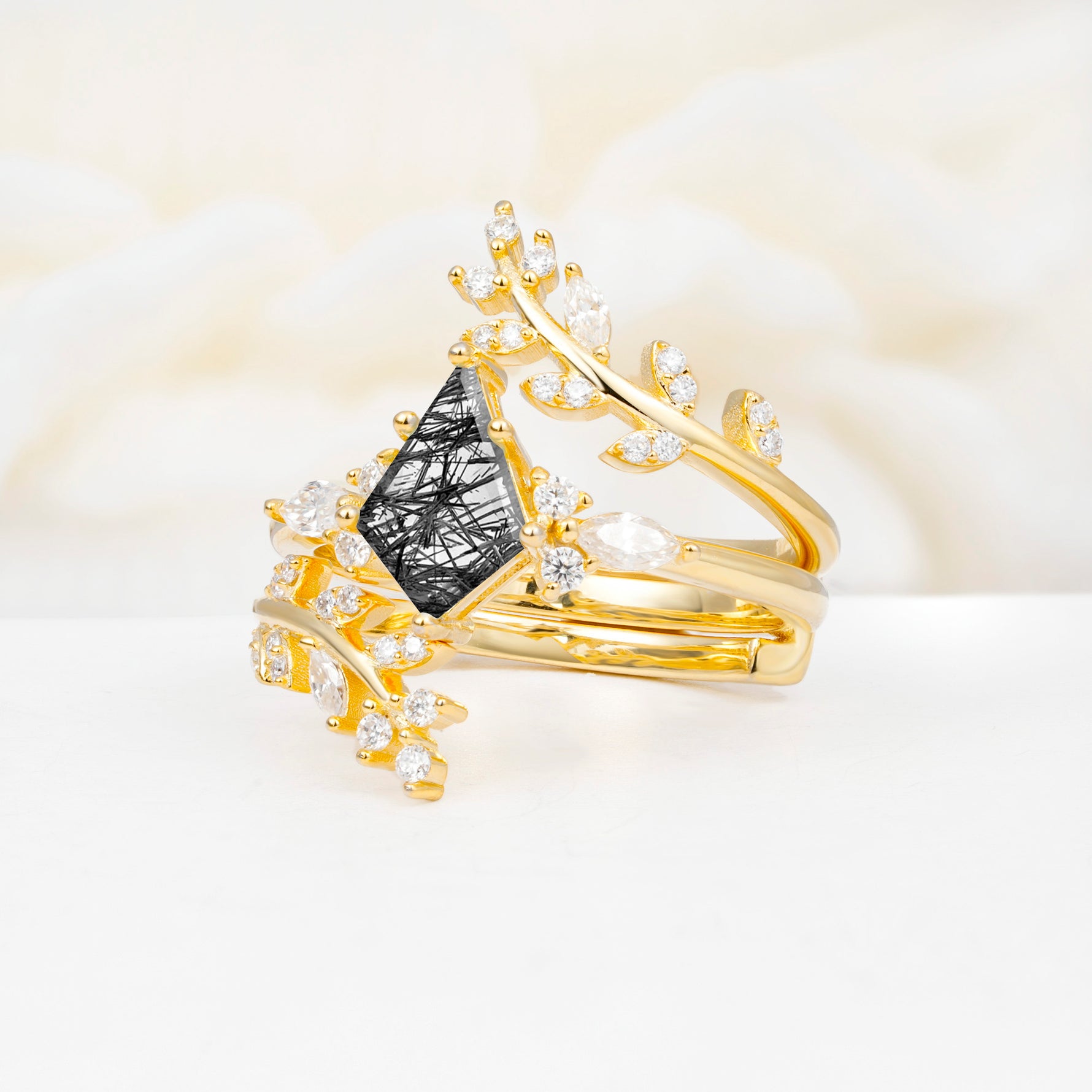 SR17091 Black Rutilated Quartz Ring - White-Gold