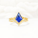 Kite Cut Sapphire Chevron Bridal Ring Set - Yellow-Gold