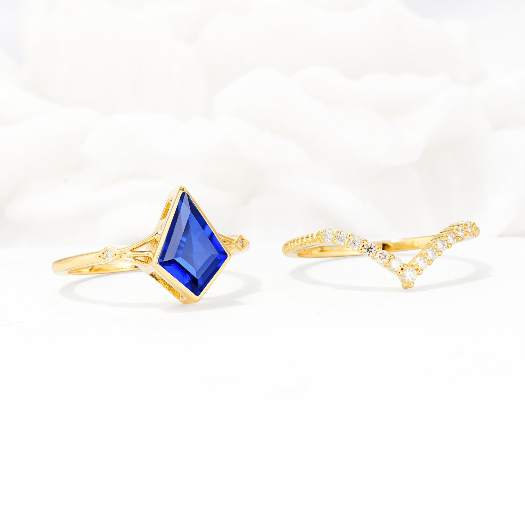 Kite Cut Sapphire Chevron Bridal Ring Set - Additional view