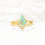 Kite Cut Fire Opal Chevron Bridal Ring Set - Yellow-Gold