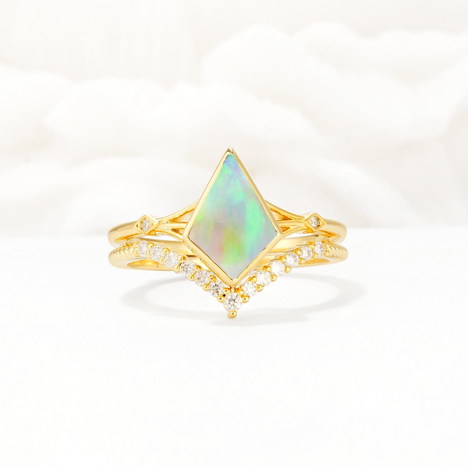 Kite Cut Fire Opal Chevron Bridal Ring Set - Yellow-Gold
