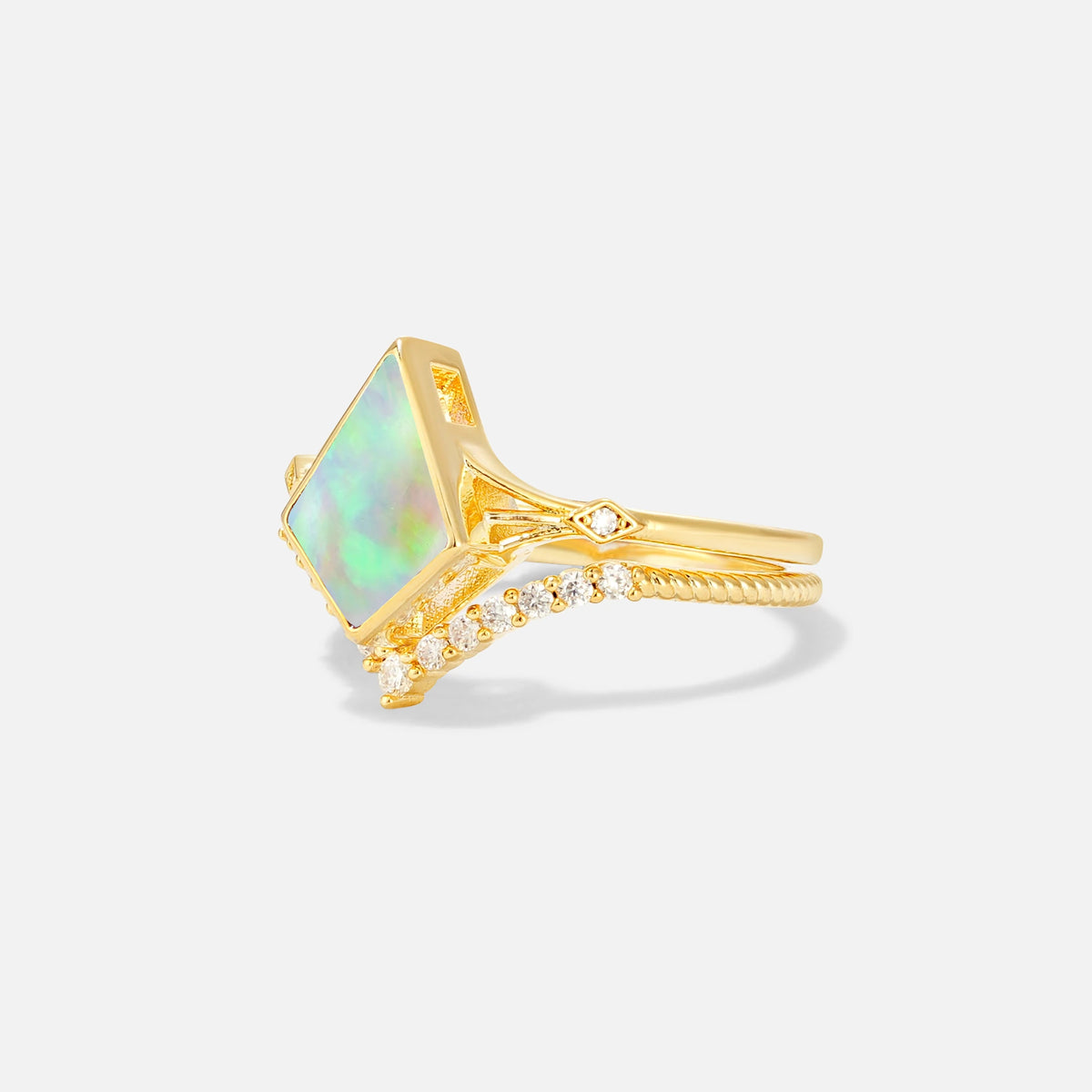 Kite Cut Fire Opal Chevron Bridal Ring Set - Rose-Gold