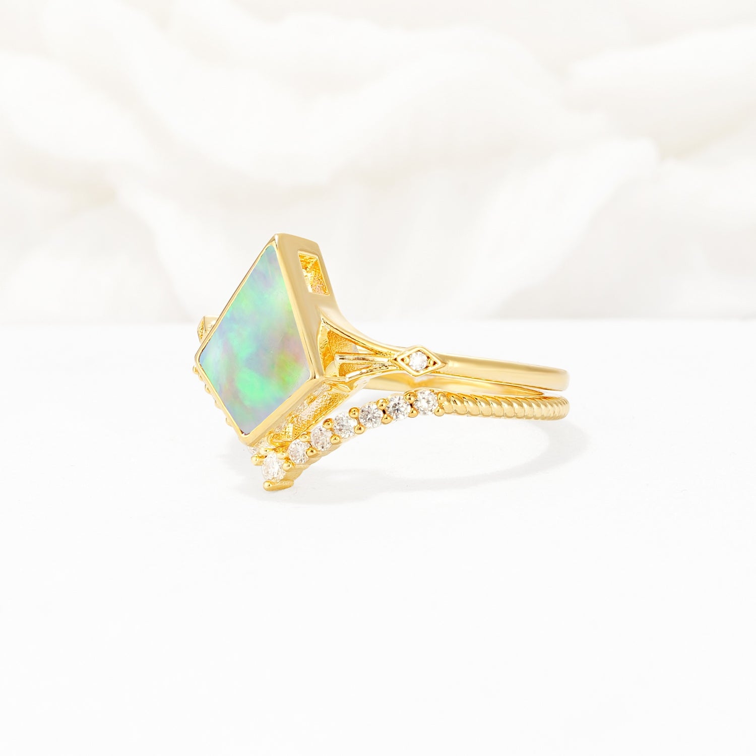 Kite Cut Fire Opal Chevron Bridal Ring Set - Rose-Gold
