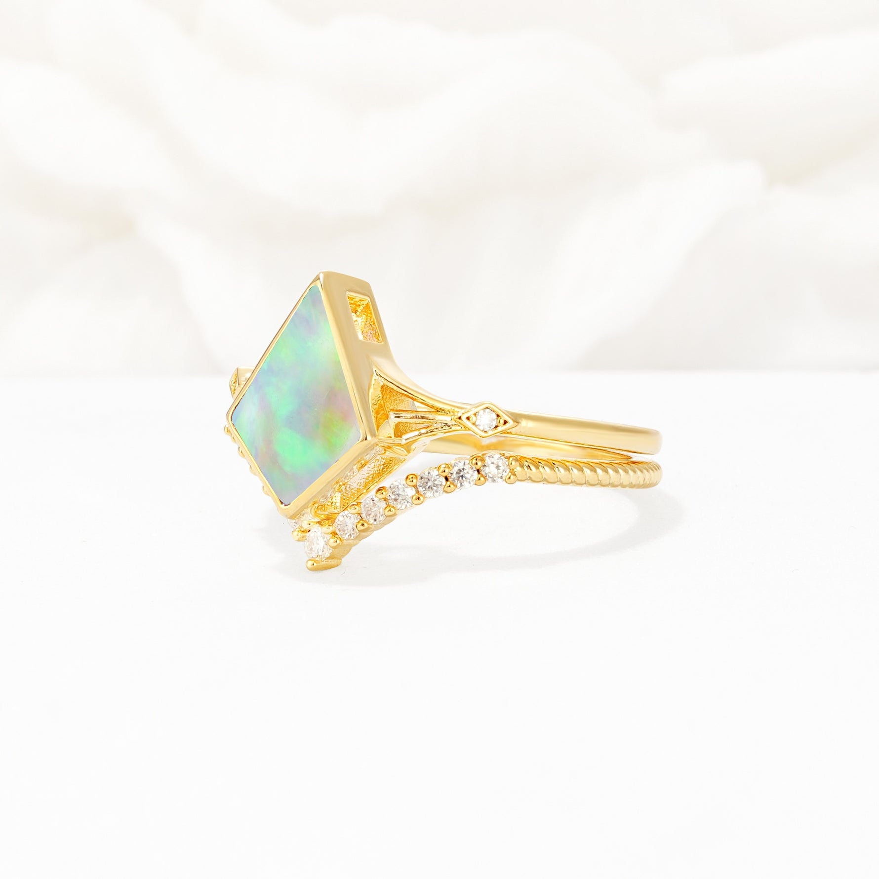 Kite Cut Fire Opal Chevron Bridal Ring Set - Rose-Gold